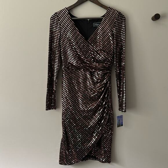 MORGAN & CO BLACK & BRONZE SEQUIN STRETCHY LONG SLEEVE COCKTAIL DRESS SIZE 3 - Picture 1 of 6